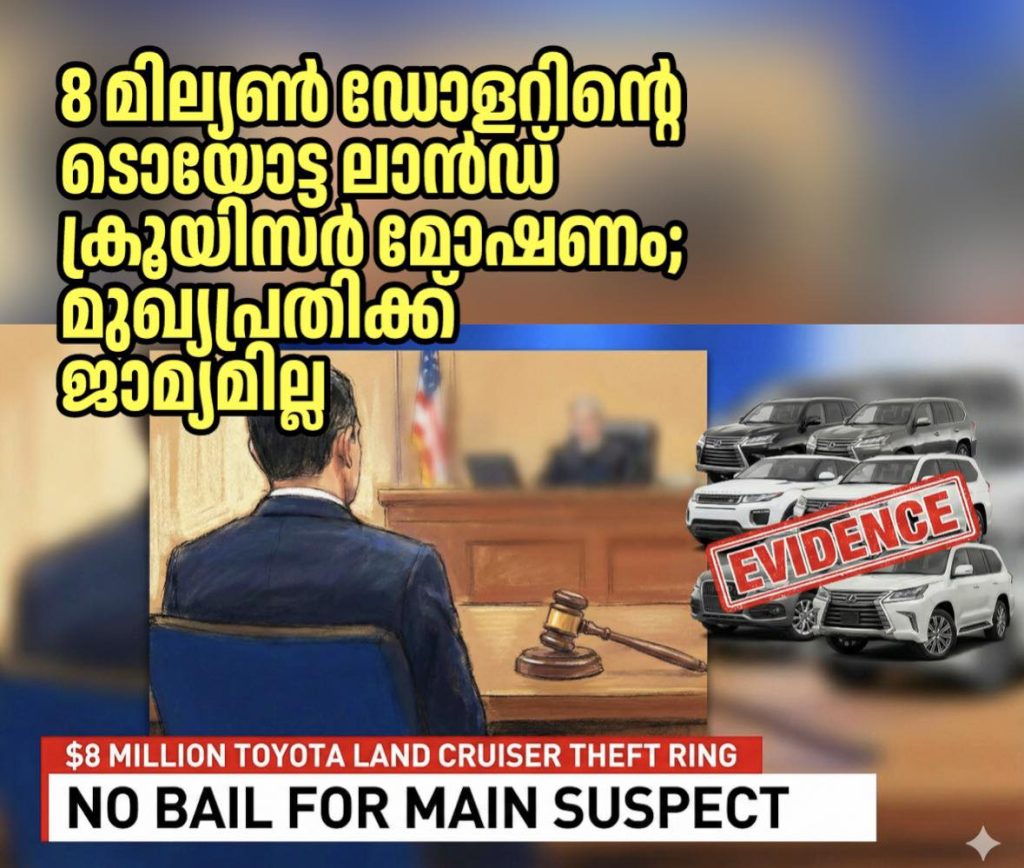 8 മില്യൺ ഡോളറിന്റെ ടൊയോട്ട ലാൻഡ് ക്രൂയിസർ മോഷണം; മുഖ്യപ്രതിക്ക് ജാമ്യമില്ല