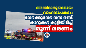 അതിദാരുണമായ വാഹനാപകടം: നേർക്കുനേർ വന്ന രണ്ട് കാറുകൾ കൂട്ടിയിടിച്ച് മൂന്ന് മരണം