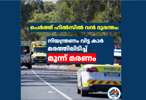 പെർത്ത് ഹിൽസിൽ വൻ ദുരന്തം: നിയന്ത്രണം വിട്ട കാർ മരത്തിലിടിച്ച് മൂന്ന് മരണം