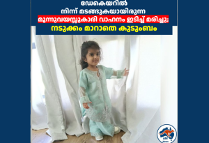 ഡേകെയറിൽ നിന്ന് മടങ്ങുകയായിരുന്ന മൂന്നുവയസ്സുകാരി വാഹനം ഇടിച്ച് മരിച്ചു; നടുക്കം മാറാതെ കുടുംബം